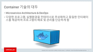 Copyright © 2017, Oracle and/or its affiliates. All rights reserved. |
Container 기술의 대두
• Microservice Architecture & DevOps
• 다양한 프로그램, 실행환경을 컨테이너로 추상화하고 동일한 인터페이
스를 제공하여 프로그램의 배포 및 관리를 단순하게 함
Confidential – Oracle Internal/Restricted/Highly Restricted 7
 