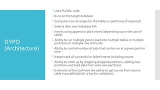 DYPO
(Architecture)
 Uses PL/SQL code
 Runs on the target database
 Computes row id ranges for the tables or partitions (if required)
 Selects data over database link
 Inserts using append or plain insert (depending up on the size of
table)
 Ability to run multiple jobs to load into multiple tables or multiple
partitions or multiple row id chunks
 Ability to control number of jobs that can be run at a given point in
time
 Keeps track of successful or failed inserts including counts
 Ability to catch up by dropping dropped partitions, adding new
partitions and load data from only new partitions
 Extension of the tool have the ability to get counts from source
table in parallel (which is key for validation)
 