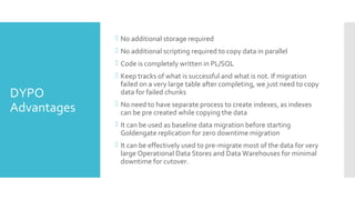 DYPO
Advantages
 No additional storage required
 No additional scripting required to copy data in parallel
 Code is completely written in PL/SQL
 Keep tracks of what is successful and what is not. If migration
failed on a very large table after completing, we just need to copy
data for failed chunks
 No need to have separate process to create indexes, as indexes
can be pre created while copying the data
 It can be used as baseline data migration before starting
Goldengate replication for zero downtime migration
 It can be effectively used to pre-migrate most of the data for very
large Operational Data Stores and Data Warehouses for minimal
downtime for cutover.
 