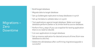 Migrations –
Zero
Downtime
 Build target database
 Migrate data to target database
 Set up Goldengate replication to keep databases in synch
 Set up Veridata to validate data is in synch
 Test applications against target database. Make sure target
database performs better or at similar level to source database.
 Perform first 4 steps (if you use snapshot for testing application
there is no need to rebuild)
 Cut over applications to target database
 Set up reverse replication for desired amount of time (from new
database to old one)
 Delete the old database after confirming migration/upgrade is
successful
 