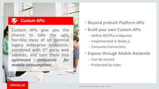 Copyright © 2015, Oracle and/or its affiliates. All rights reserved. |
Custom APIs give you the
chance to take the ugly,
horrible mess of on premise
legacy enterprise endpoints,
combined with 3rd party web
services, and turn them into
optimized endpoints for
mobile consumption.
Custom APIs • Beyond prebuilt Platform APIs
• Build your own Custom APIs
– Define RESTful endpoints
– Implemented in Node.js
– Consume Connectors
• Expose through Mobile Backends
– Can be reused
– Protected by roles
2E
 