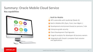Copyright © 2015, Oracle and/or its affiliates. All rights reserved. | 42
Key capabilities
Summary: Oracle Mobile Cloud Service
• API’s extensible with JavaScript (Node.JS)
• Built in Mobile APIs (Sync, Push, User Mgmt..)
• Development environment based on persona / role
• Enterprise grade security
• Client Development Tool Agnostic
• Usage & analytics for developers & business owners
• Integrated with Oracle’s complete PaaS solution
and applications
Built for Mobile
 
