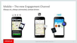 Copyright © 2015, Oracle and/or its affiliates. All rights reserved. | 9
Always on, always connected, context driven
Mobile – The new Engagement Channel
MY KEYS
My Keys
 