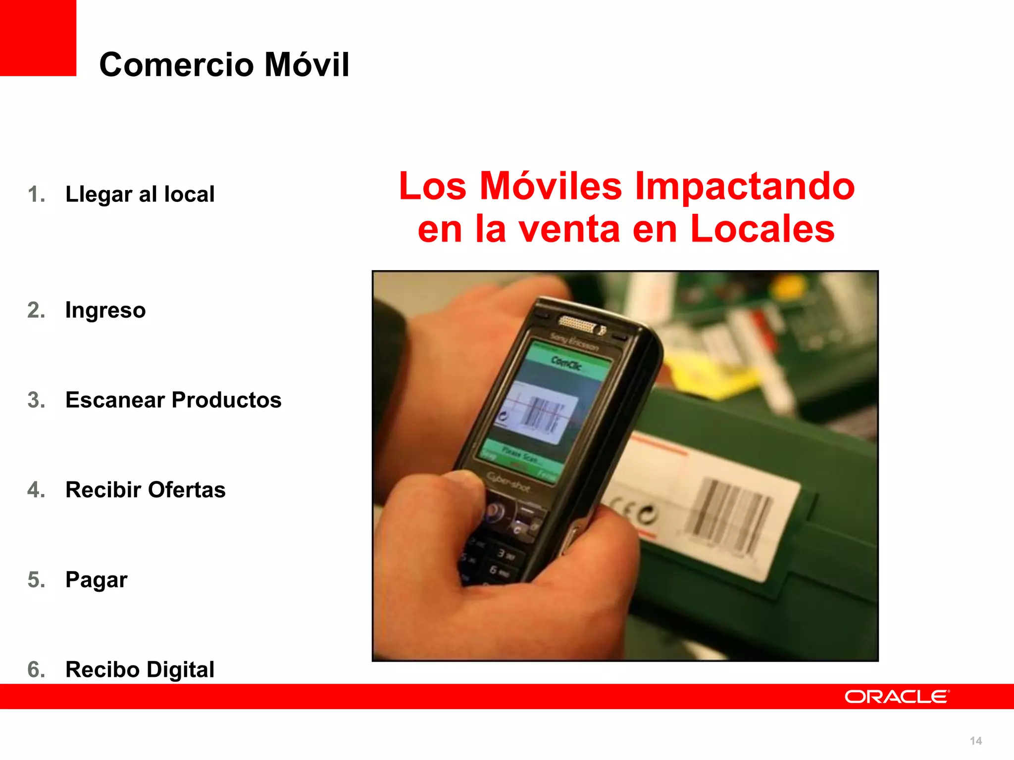 Comercio Móvil


1. Llegar al local      Los Móviles Impactando
                         en la venta en Locales
2. Ingreso



3. Escanear Productos



4. Recibir Ofertas



5. Pagar



6. Recibo Digital


                                                  14
 