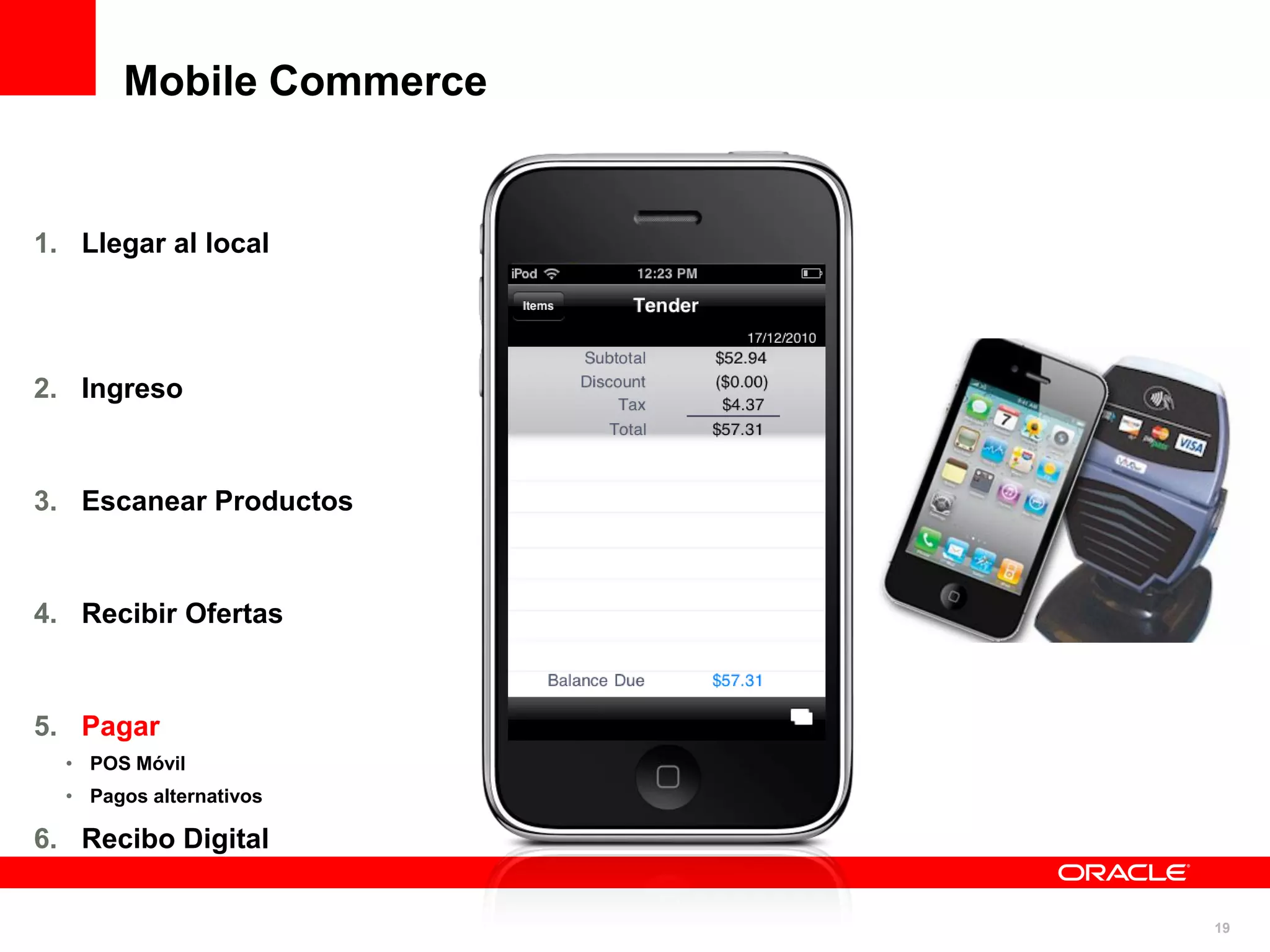 Mobile Commerce


1. Llegar al local




2. Ingreso



3. Escanear Productos



4. Recibir Ofertas



5. Pagar
  • POS Móvil
  • Pagos alternativos

6. Recibo Digital


                         19
 