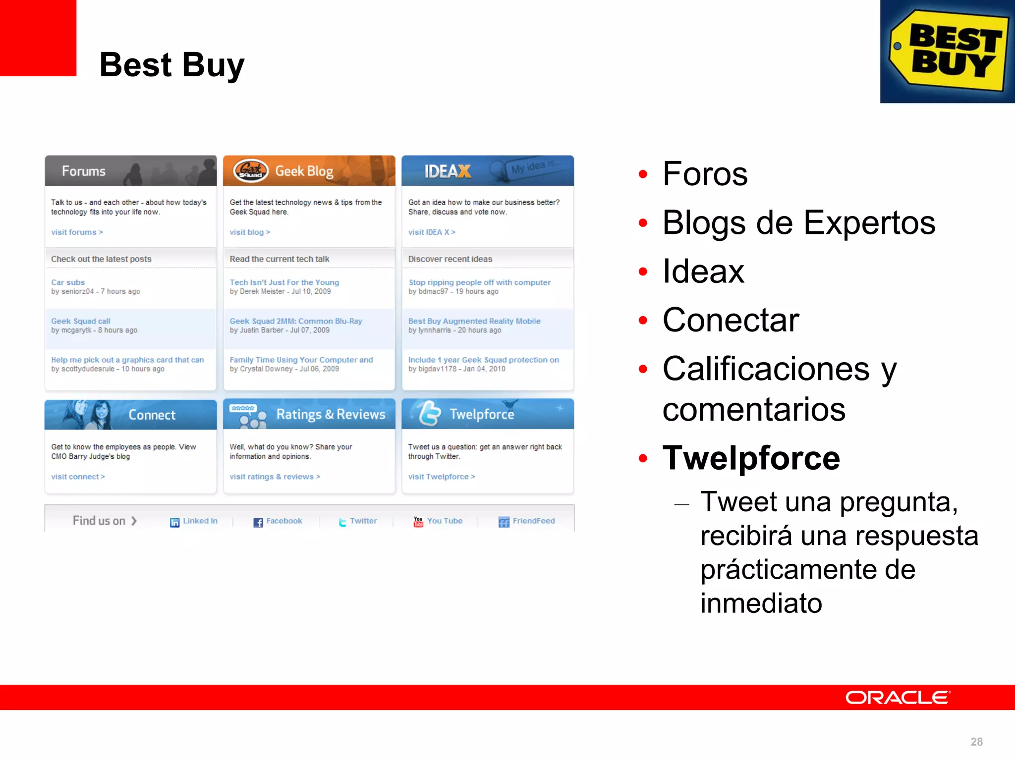 Best Buy


           • Foros
           • Blogs de Expertos
           • Ideax
           • Conectar
           • Calificaciones y
             comentarios
           • Twelpforce
               – Tweet una pregunta,
                 recibirá una respuesta
                 prácticamente de
                 inmediato



                                      28
 