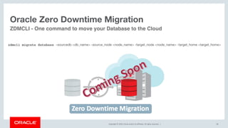 Copyright © 2019, Oracle and/or its affiliates. All rights reserved. |
Oracle Zero Downtime Migration
58
ZDMCLI - One command to move your Database to the Cloud
zdmcli migrate database –sourcedb <db_name> -source_node <node_name> -target_node <node_name> -target_home <target_home>
 