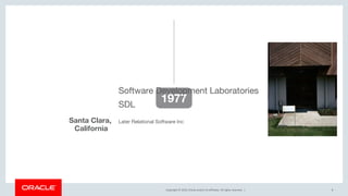 Copyright © 2019, Oracle and/or its affiliates. All rights reserved. |
1977
8
Software Development Laboratories
SDL
Later Relational Software IncSanta Clara,
California
 