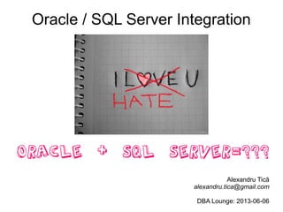 Oracle / SQL Server Integration
Alexandru Tică
alexandru.tica@gmail.com
DBA Lounge: 2013-06-06
 