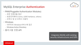 MySQL Enterprise Authentication
• PAM(Pluggable Authentication Modules)
– 외부 인증모듈 접근
– 표준인터페이스(Unix, LDAP, Kerberos, others)
– 프락시 및 넌 프락시 사용자
• Windows
– 네이티브 Windows서비스에 접근
– Windows Active Directiory
• 플러그블 인증 API
Integrates MySQL with existing
security infrastructures and SOPs
 