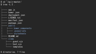 $ cd ~/quiz-master/
$ tree -L 2 .
.
├── app.js
├── bower.json
├── deployment.json
├── LICENSE.txt
├── manifest.json
├── package.json
├── public
│ ├── bower_components
│ ├── javascripts
│ └── stylesheets
├── README.md
└── views
├── guest.ejs
├── host.ejs
└── templates
6 directories, 7 files
 