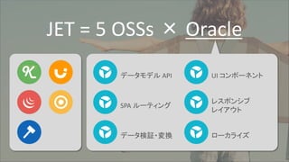 JET = 5 OSSs × Oracle
データ検証・変換
SPA ルーティング
データモデル API
ローカライズ
レスポンシブ
レイアウト
UI コンポーネント
 