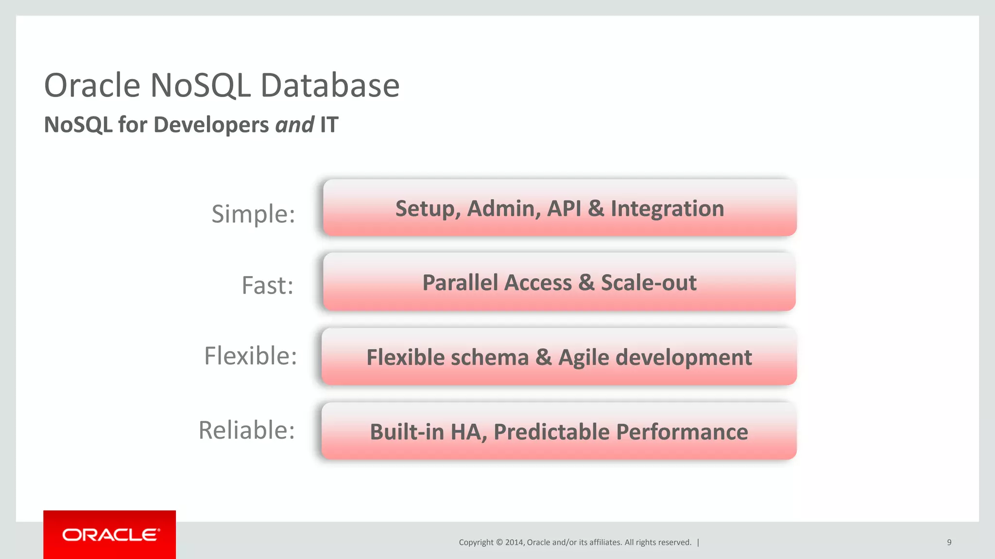 Copyright © 2014, Oracle and/or its affiliates. All rights reserved. | Oracle NoSQL Database NoSQL for Developers and IT 9 Setup, Admin, API & Integration Built-in HA, Predictable Performance Parallel Access & Scale-out Simple: Fast: Flexible: Reliable: Flexible schema & Agile development 
