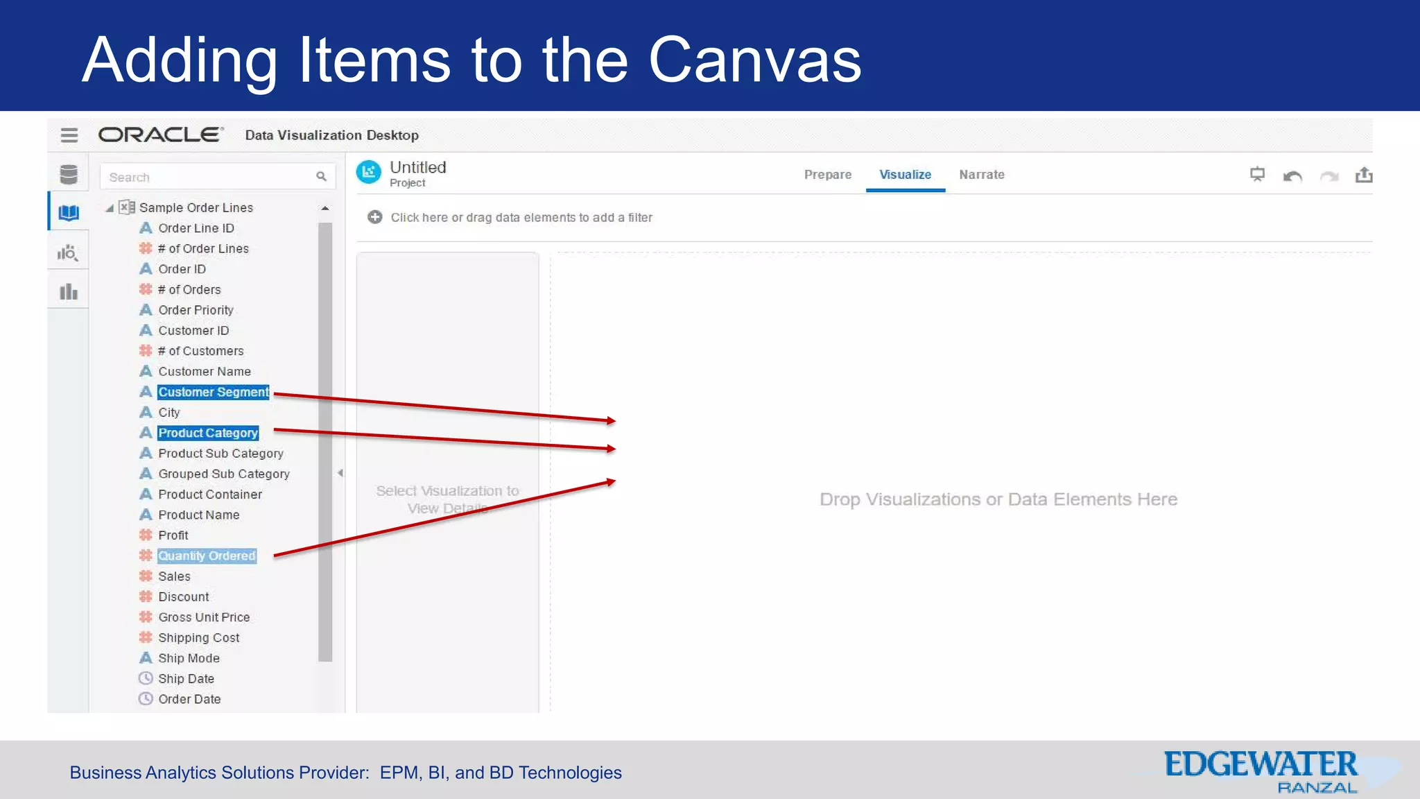 Business Analytics Solutions Provider: EPM, BI, and BD Technologies
Adding Items to the Canvas
 