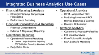 Business Analytics Solutions Provider: EPM, BI, and BD Technologies
Integrated Business Analytics Use Cases
• Financial Pl...