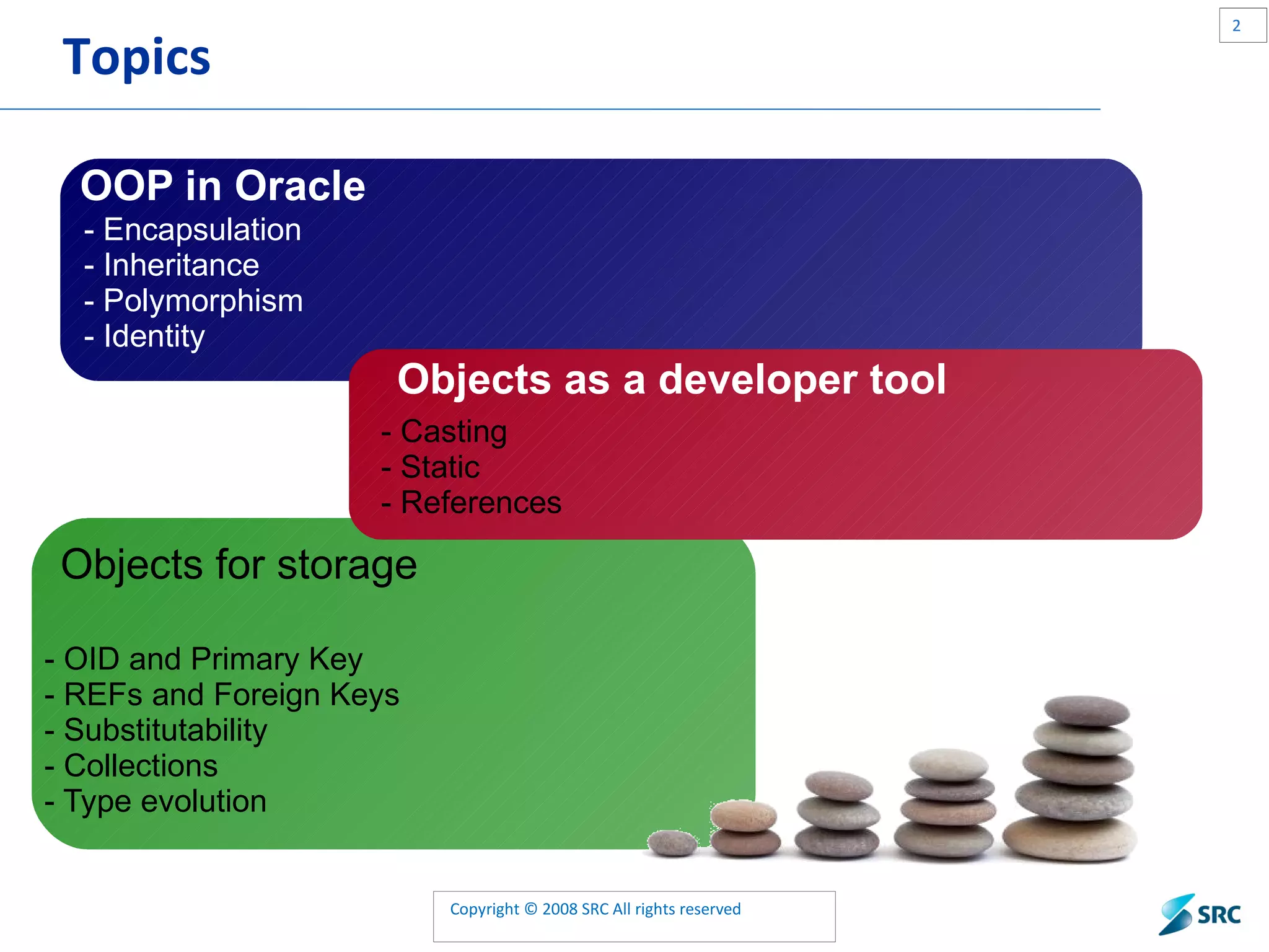 Topics - OID and Primary Key - REFs and Foreign Keys - Substitutability - Collections - Type evolution - Encapsulation - Inheritance - Polymorphism - Identity Objects for storage OOP in Oracle Objects as a developer tool - Casting - Static - References 