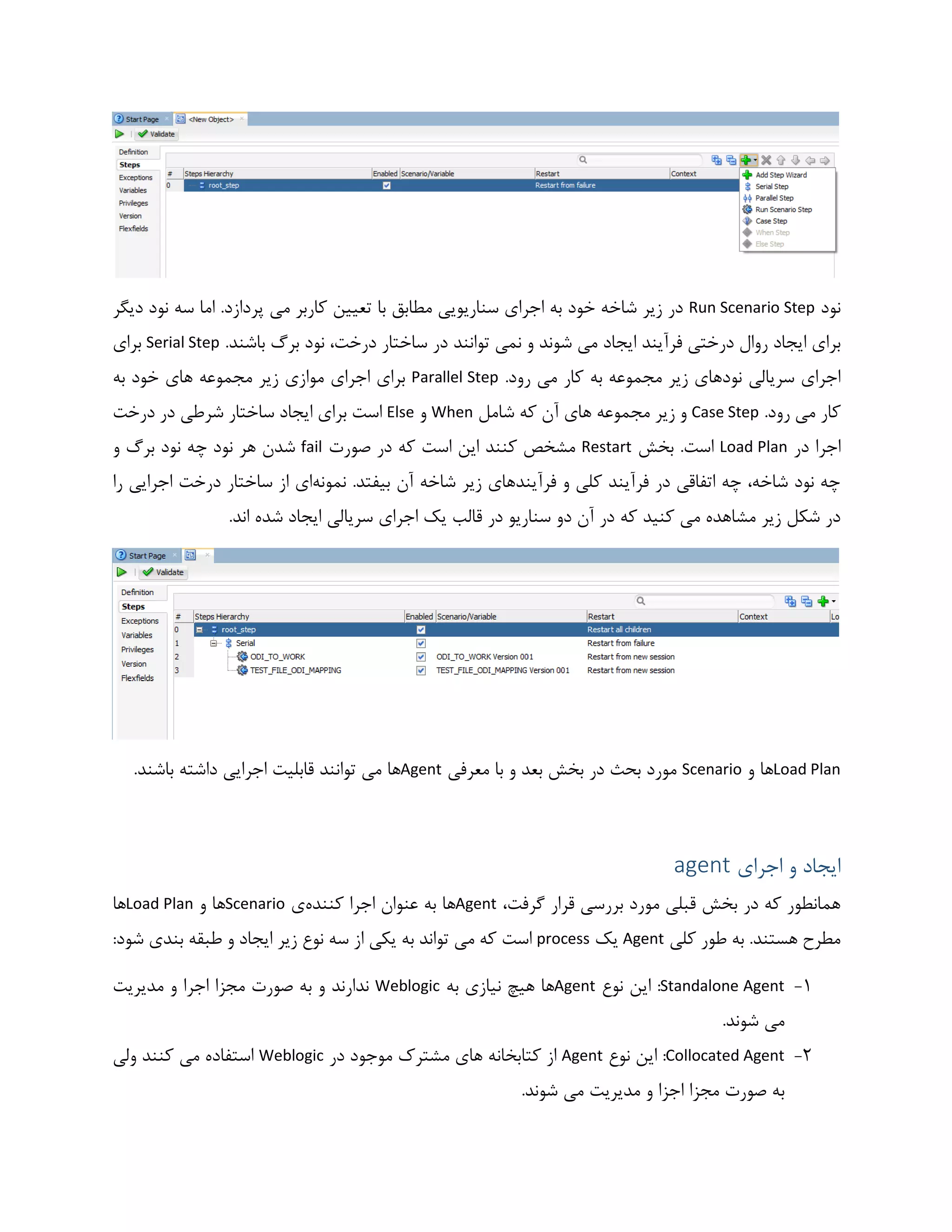 ‫نود‬Run Scenario Step‫دیگر‬ ‫نود‬ ‫سه‬ ‫اما‬ .‫پردازد‬ ‫می‬ ‫کاربر‬ ‫تعیین‬ ‫با‬ ‫مطابق‬ ‫سناریویی‬ ‫اجرای‬ ‫به‬ ‫خود‬ ‫شاخه‬ ‫زیر‬ ‫در‬
‫ش‬ ‫می‬ ‫ایجاد‬ ‫فرآیند‬ ‫درختی‬ ‫روال‬ ‫ایجاد‬ ‫برای‬.‫باشند‬ ‫برگ‬ ‫نود‬ ،‫درخت‬ ‫ساختار‬ ‫در‬ ‫توانند‬ ‫نمی‬ ‫و‬ ‫وند‬Serial Step‫برای‬
.‫رود‬ ‫می‬ ‫کار‬ ‫به‬ ‫مجموعه‬ ‫زیر‬ ‫نودهای‬ ‫سریالی‬ ‫اجرای‬Parallel Step‫به‬ ‫خود‬ ‫های‬ ‫مجموعه‬ ‫زیر‬ ‫موازی‬ ‫اجرای‬ ‫برای‬
.‫رود‬ ‫می‬ ‫کار‬Case Step‫شامل‬ ‫که‬ ‫آن‬ ‫های‬ ‫مجموعه‬ ‫زیر‬ ‫و‬When‫و‬Else‫ساختار‬ ‫ایجاد‬ ‫برای‬ ‫است‬‫درخت‬ ‫در‬ ‫شرطی‬
‫در‬ ‫اجرا‬Load Plan.‫است‬‫بخش‬Restart‫صورت‬ ‫در‬ ‫که‬ ‫است‬ ‫این‬ ‫کنند‬ ‫مشخص‬fail‫و‬ ‫برگ‬ ‫نود‬ ‫چه‬ ‫نود‬ ‫هر‬ ‫شدن‬
.‫بیفتد‬ ‫آن‬ ‫شاخه‬ ‫زیر‬ ‫فرآیندهای‬ ‫و‬ ‫کلی‬ ‫فرآیند‬ ‫در‬ ‫اتفاقی‬ ‫چه‬ ،‫شاخه‬ ‫نود‬ ‫چه‬‫نمونه‬‫را‬ ‫اجرایی‬ ‫درخت‬ ‫ساختار‬ ‫از‬ ‫ای‬
‫که‬ ‫کنید‬ ‫می‬ ‫مشاهده‬ ‫زیر‬ ‫شکل‬ ‫در‬‫در‬ ‫سناریو‬ ‫دو‬ ‫آن‬ ‫در‬‫قال‬.‫اند‬ ‫شده‬ ‫ایجاد‬ ‫سریالی‬ ‫اجرای‬ ‫یک‬ ‫ب‬
Load Plan‫و‬ ‫ها‬Scenario‫معرفی‬ ‫با‬ ‫و‬ ‫بعد‬ ‫بخش‬ ‫در‬ ‫بحث‬ ‫مورد‬Agent.‫باشند‬ ‫داشته‬ ‫اجرایی‬ ‫قابلیت‬ ‫توانند‬ ‫می‬ ‫ها‬
‫اجرای‬ ‫و‬ ‫ایجاد‬agent
،‫گرفت‬ ‫قرار‬ ‫بررسی‬ ‫مورد‬ ‫قبلی‬ ‫بخش‬ ‫در‬ ‫که‬ ‫همانطور‬Agent‫کننده‬ ‫اجرا‬ ‫عنوان‬ ‫به‬ ‫ها‬‫ی‬Scenario‫و‬ ‫ها‬Load Plan‫ها‬
‫کلی‬ ‫طور‬ ‫به‬ .‫هستند‬ ‫مطرح‬Agent‫یک‬process:‫شود‬ ‫بندی‬ ‫طبقه‬ ‫و‬ ‫ایجاد‬ ‫زیر‬ ‫نوع‬ ‫سه‬ ‫از‬ ‫یکی‬ ‫به‬ ‫تواند‬ ‫می‬ ‫که‬ ‫است‬
1-Standalone Agent‫نوع‬ ‫این‬ :Agent‫به‬ ‫نیازی‬ ‫هیچ‬ ‫ها‬Weblogic‫مدیریت‬ ‫و‬ ‫اجرا‬ ‫مجزا‬ ‫صورت‬ ‫به‬ ‫و‬ ‫ندارند‬
.‫شوند‬ ‫می‬
2-Collocated Agent‫نوع‬ ‫این‬ :Agent‫در‬ ‫موجود‬ ‫مشترک‬ ‫های‬ ‫کتابخانه‬ ‫از‬Weblogic‫ولی‬ ‫کنند‬ ‫می‬ ‫استفاده‬
.‫شوند‬ ‫می‬ ‫مدیریت‬ ‫و‬ ‫اجزا‬ ‫مجزا‬ ‫صورت‬ ‫به‬
 