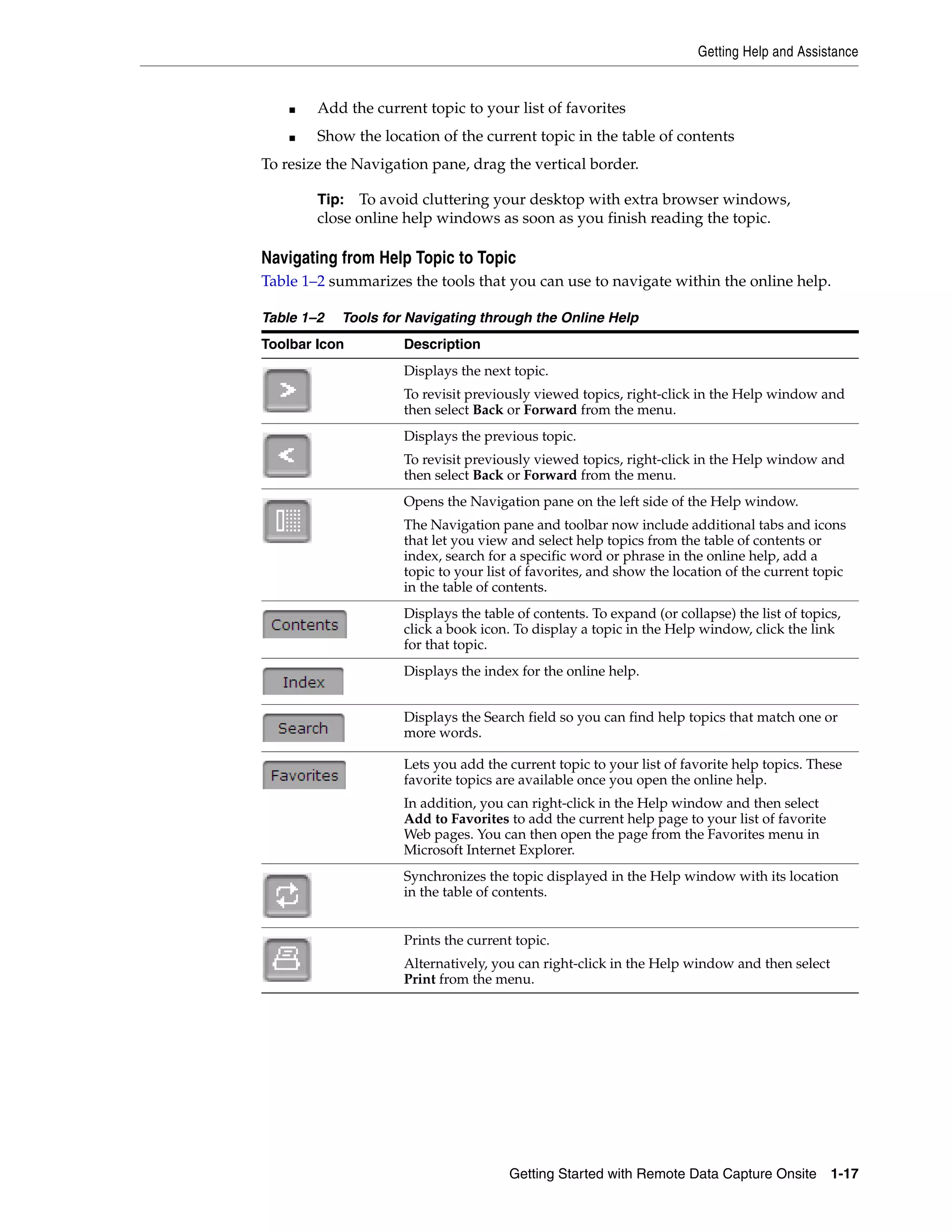 Getting Help and Assistance Getting Started with Remote Data Capture Onsite 1-17 ■ Add the current topic to your list of favorites ■ Show the location of the current topic in the table of contents To resize the Navigation pane, drag the vertical border. Navigating from Help Topic to Topic Table 1–2 summarizes the tools that you can use to navigate within the online help. Tip: To avoid cluttering your desktop with extra browser windows, close online help windows as soon as you finish reading the topic. Table 1–2 Tools for Navigating through the Online Help Toolbar Icon Description Displays the next topic. To revisit previously viewed topics, right-click in the Help window and then select Back or Forward from the menu. Displays the previous topic. To revisit previously viewed topics, right-click in the Help window and then select Back or Forward from the menu. Opens the Navigation pane on the left side of the Help window. The Navigation pane and toolbar now include additional tabs and icons that let you view and select help topics from the table of contents or index, search for a specific word or phrase in the online help, add a topic to your list of favorites, and show the location of the current topic in the table of contents. Displays the table of contents. To expand (or collapse) the list of topics, click a book icon. To display a topic in the Help window, click the link for that topic. Displays the index for the online help. Displays the Search field so you can find help topics that match one or more words. Lets you add the current topic to your list of favorite help topics. These favorite topics are available once you open the online help. In addition, you can right-click in the Help window and then select Add to Favorites to add the current help page to your list of favorite Web pages. You can then open the page from the Favorites menu in Microsoft Internet Explorer. Synchronizes the topic displayed in the Help window with its location in the table of contents. Prints the current topic. Alternatively, you can right-click in the Help window and then select Print from the menu. 