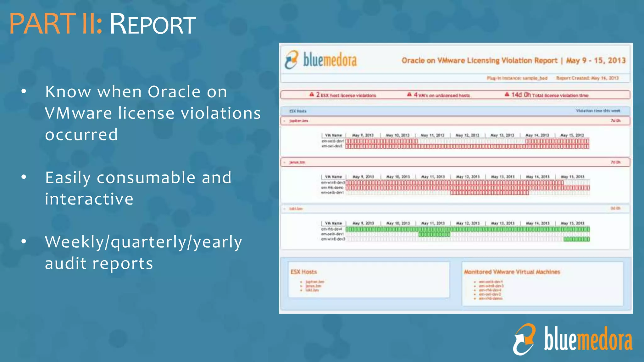 • Know when Oracle on
VMware license violations
occurred
• Easily consumable and
interactive
• Weekly/quarterly/yearly
audit reports
PARTII:REPORT
 
