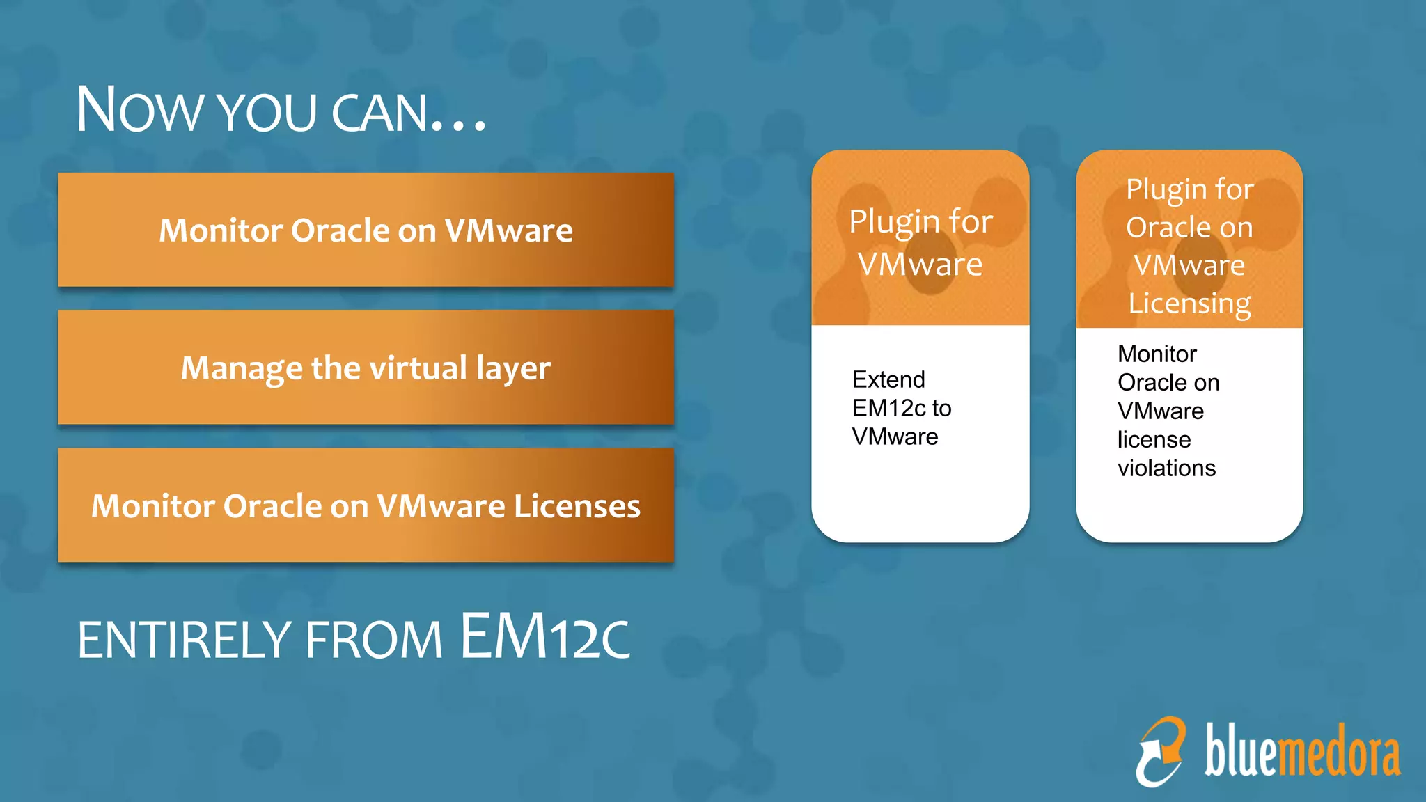 Plugin for
VMware
Extend
EM12c to
VMware
Plugin for
Oracle on
VMware
Licensing
Monitor
Oracle on
VMware
license
violations
NOW YOU CAN…
Monitor Oracle on VMware
Manage the virtual layer
Monitor Oracle on VMware Licenses
ENTIRELY FROM EM12C
 