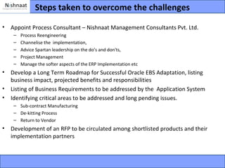 Steps taken to overcome the challenges

•   Appoint Process Consultant – Nishnaat Management Consultants Pvt. Ltd.
     –   Process Reengineering
     –   Channelise the implementation,
     –   Advice Spartan leadership on the do’s and don'ts,
     –   Project Management
     –   Manage the softer aspects of the ERP Implementation etc
•   Develop a Long Term Roadmap for Successful Oracle EBS Adaptation, listing
    business impact, projected benefits and responsibilities
•   Listing of Business Requirements to be addressed by the Application System
•   Identifying critical areas to be addressed and long pending issues.
     – Sub-contract Manufacturing
     – De-kitting Process
     – Return to Vendor
•   Development of an RFP to be circulated among shortlisted products and their
    implementation partners
 