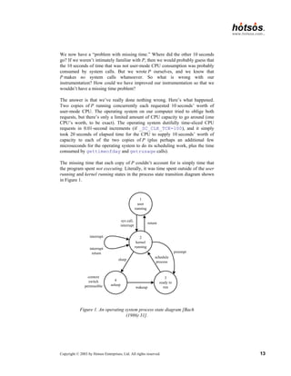 Copyright © 2003 by Hotsos Enterprises, Ltd. All rights reserved. 13
We now have a “problem with missing time.” Where did the other 10 seconds
go? If we weren’t intimately familiar with P, then we would probably guess that
the 10 seconds of time that was not user-mode CPU consumption was probably
consumed by system calls. But we wrote P ourselves, and we know that
P makes no system calls whatsoever. So what is wrong with our
instrumentation? How could we have improved our instrumentation so that we
wouldn’t have a missing time problem?
The answer is that we’ve really done nothing wrong. Here’s what happened.
Two copies of P running concurrently each requested 10 seconds’ worth of
user-mode CPU. The operating system on our computer tried to oblige both
requests, but there’s only a limited amount of CPU capacity to go around (one
CPU’s worth, to be exact). The operating system dutifully time-sliced CPU
requests in 0.01-second increments (if _SC_CLK_TCK=100), and it simply
took 20 seconds of elapsed time for the CPU to supply 10 seconds’ worth of
capacity to each of the two copies of P (plus perhaps an additional few
microseconds for the operating system to do its scheduling work, plus the time
consumed by gettimeofday and getrusage calls).
The missing time that each copy of P couldn’t account for is simply time that
the program spent not executing. Literally, it was time spent outside of the user
running and kernel running states in the process state transition diagram shown
in Figure 1.
1
user
running
3
ready to
run
4
asleep
sys call,
interrupt
schedule
process
wakeup
context
switch
permissible
sleep
interrupt
return
return
interrupt 2
kernel
running
preempt
Figure 1. An operating system process state diagram [Bach
(1986) 31].
 
