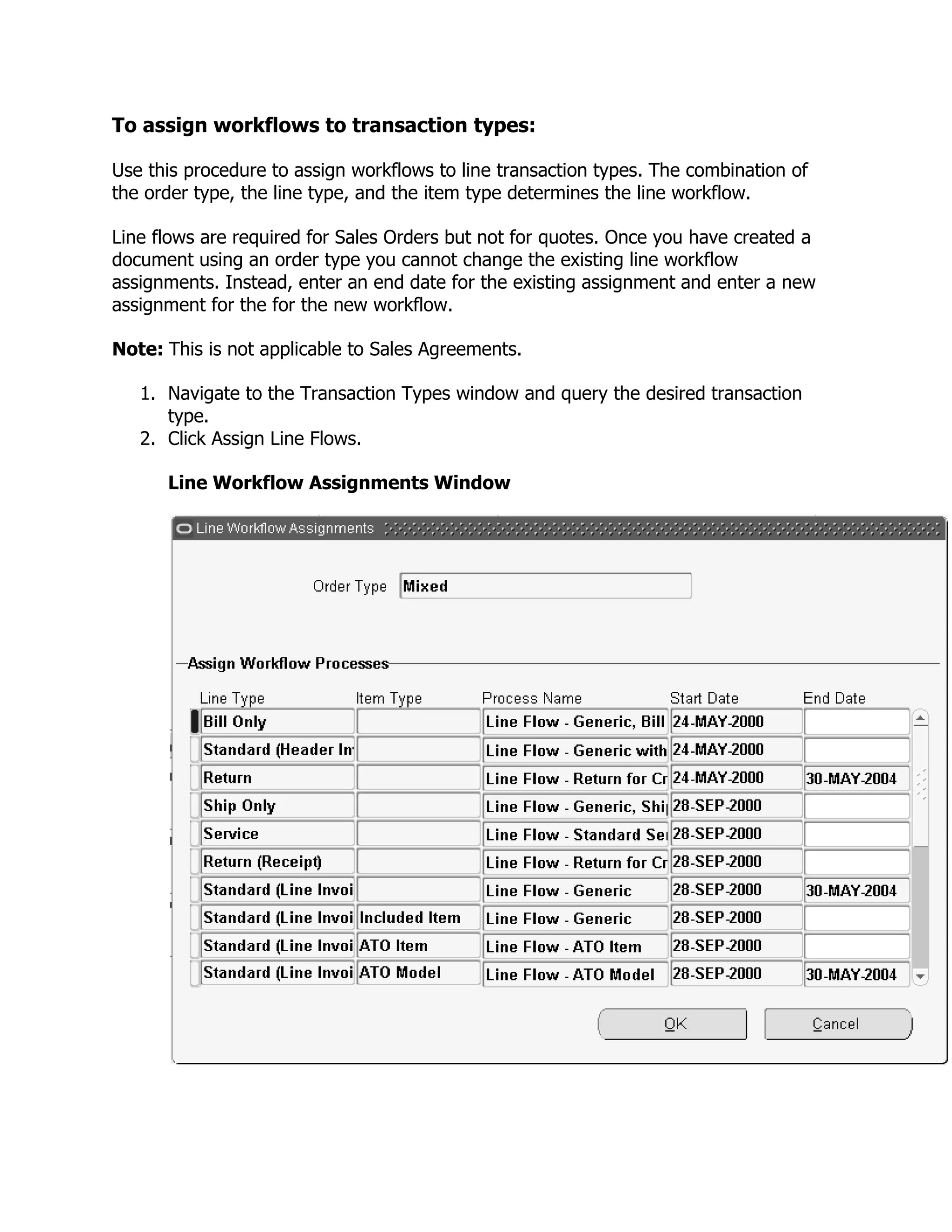 To assign workflows to transaction types:

Use this procedure to assign workflows to line transaction types. The combination of
the order type, the line type, and the item type determines the line workflow.

Line flows are required for Sales Orders but not for quotes. Once you have created a
document using an order type you cannot change the existing line workflow
assignments. Instead, enter an end date for the existing assignment and enter a new
assignment for the for the new workflow.

Note: This is not applicable to Sales Agreements.

   1. Navigate to the Transaction Types window and query the desired transaction
      type.
   2. Click Assign Line Flows.

      Line Workflow Assignments Window
 