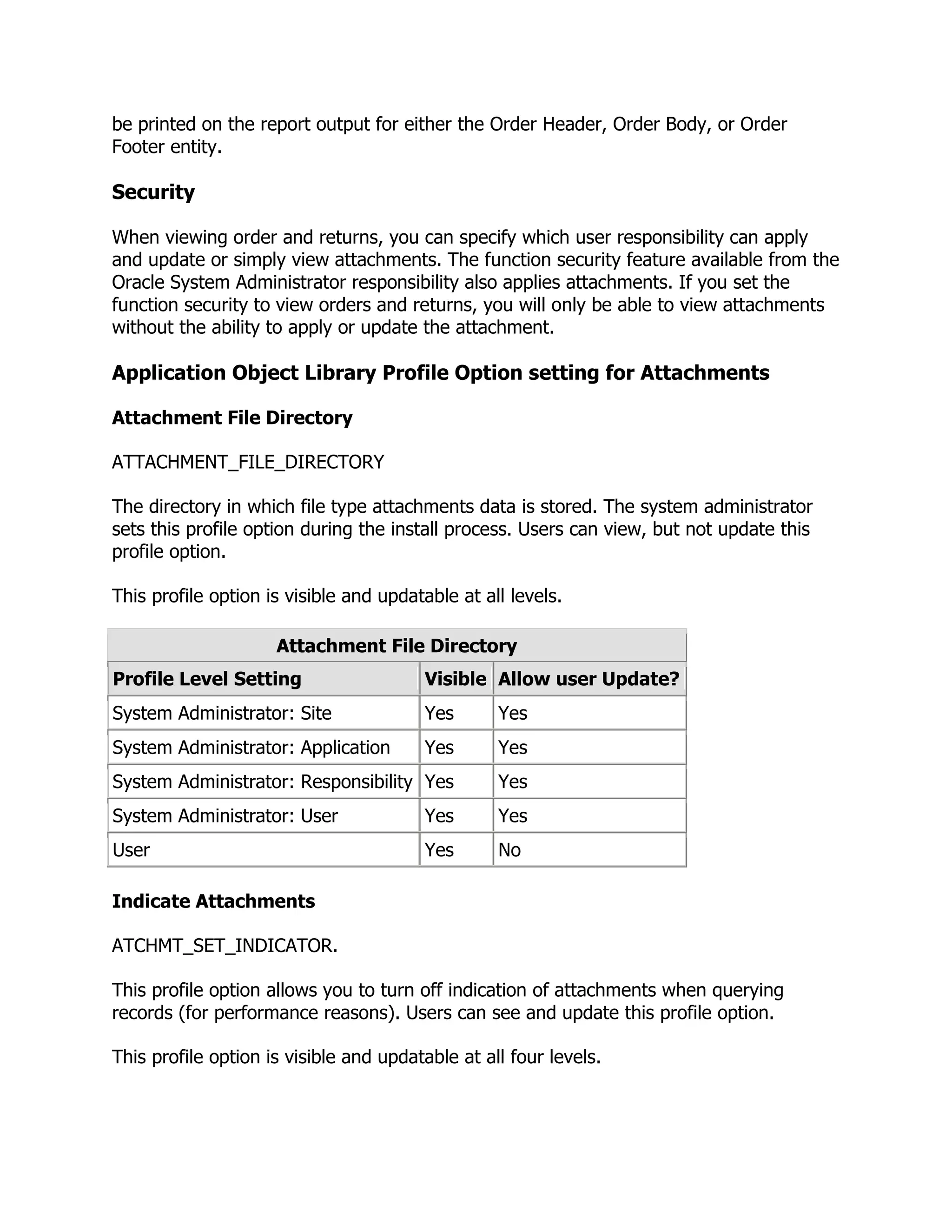be printed on the report output for either the Order Header, Order Body, or Order
Footer entity.

Security

When viewing order and returns, you can specify which user responsibility can apply
and update or simply view attachments. The function security feature available from the
Oracle System Administrator responsibility also applies attachments. If you set the
function security to view orders and returns, you will only be able to view attachments
without the ability to apply or update the attachment.

Application Object Library Profile Option setting for Attachments

Attachment File Directory

ATTACHMENT_FILE_DIRECTORY

The directory in which file type attachments data is stored. The system administrator
sets this profile option during the install process. Users can view, but not update this
profile option.

This profile option is visible and updatable at all levels.

                     Attachment File Directory
Profile Level Setting                   Visible Allow user Update?
System Administrator: Site              Yes       Yes
System Administrator: Application       Yes       Yes
System Administrator: Responsibility Yes          Yes
System Administrator: User              Yes       Yes
User                                    Yes       No

Indicate Attachments

ATCHMT_SET_INDICATOR.

This profile option allows you to turn off indication of attachments when querying
records (for performance reasons). Users can see and update this profile option.

This profile option is visible and updatable at all four levels.
 