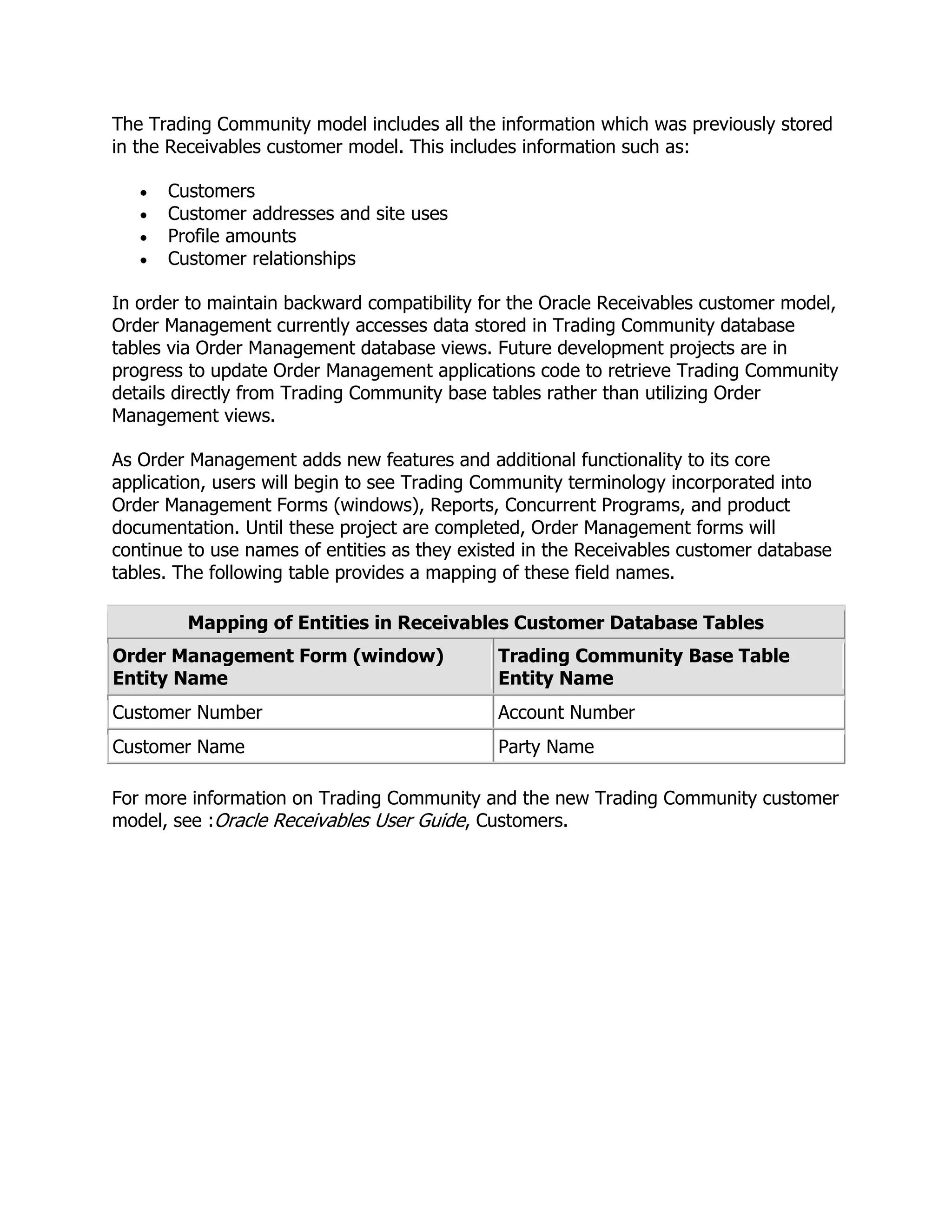 The Trading Community model includes all the information which was previously stored
in the Receivables customer model. This includes information such as:

      Customers
      Customer addresses and site uses
      Profile amounts
      Customer relationships

In order to maintain backward compatibility for the Oracle Receivables customer model,
Order Management currently accesses data stored in Trading Community database
tables via Order Management database views. Future development projects are in
progress to update Order Management applications code to retrieve Trading Community
details directly from Trading Community base tables rather than utilizing Order
Management views.

As Order Management adds new features and additional functionality to its core
application, users will begin to see Trading Community terminology incorporated into
Order Management Forms (windows), Reports, Concurrent Programs, and product
documentation. Until these project are completed, Order Management forms will
continue to use names of entities as they existed in the Receivables customer database
tables. The following table provides a mapping of these field names.

         Mapping of Entities in Receivables Customer Database Tables
Order Management Form (window)                Trading Community Base Table
Entity Name                                   Entity Name
Customer Number                               Account Number
Customer Name                                 Party Name

For more information on Trading Community and the new Trading Community customer
model, see :Oracle Receivables User Guide, Customers.
 