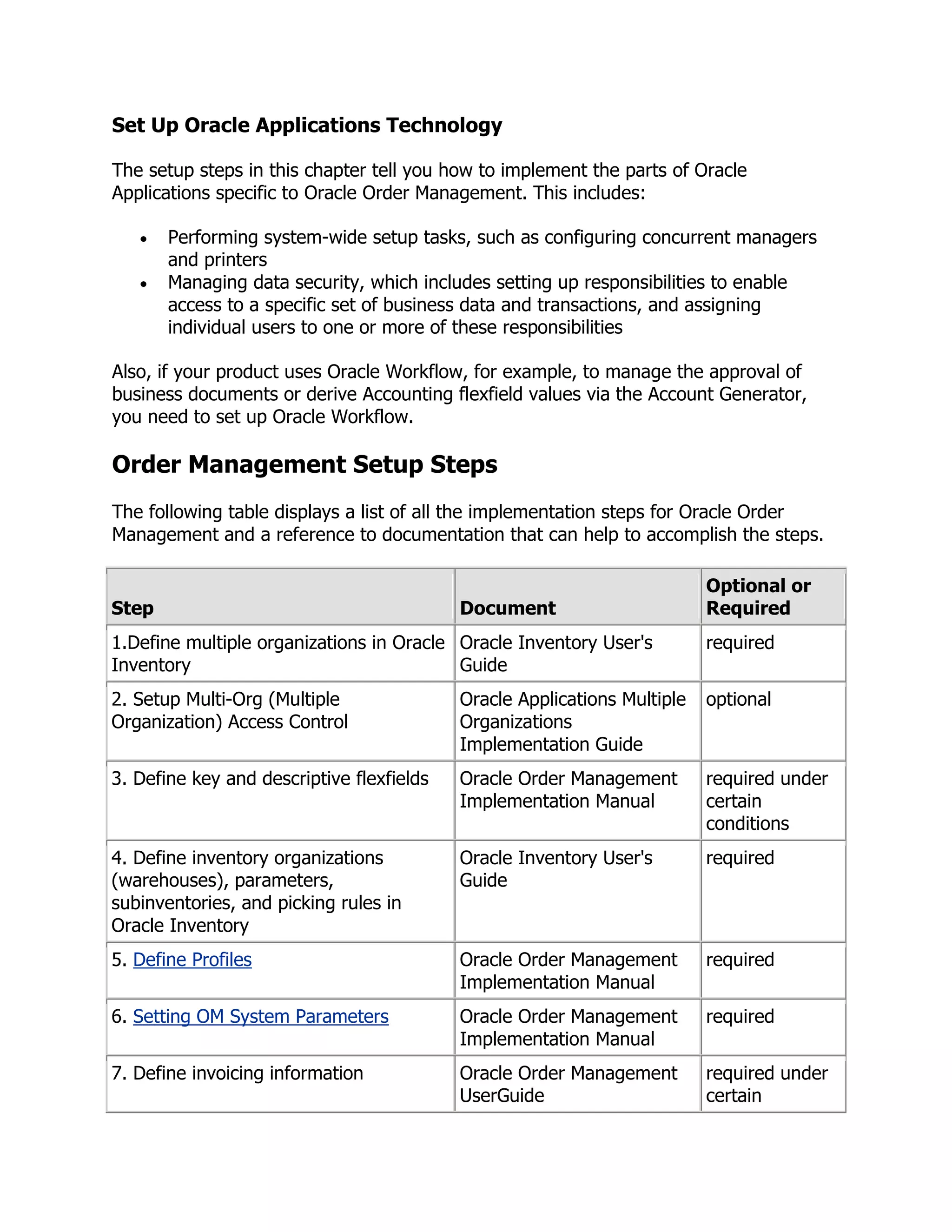 Set Up Oracle Applications Technology

The setup steps in this chapter tell you how to implement the parts of Oracle
Applications specific to Oracle Order Management. This includes:

       Performing system-wide setup tasks, such as configuring concurrent managers
       and printers
       Managing data security, which includes setting up responsibilities to enable
       access to a specific set of business data and transactions, and assigning
       individual users to one or more of these responsibilities

Also, if your product uses Oracle Workflow, for example, to manage the approval of
business documents or derive Accounting flexfield values via the Account Generator,
you need to set up Oracle Workflow.

Order Management Setup Steps
The following table displays a list of all the implementation steps for Oracle Order
Management and a reference to documentation that can help to accomplish the steps.

                                                                          Optional or
Step                                       Document                       Required
1.Define multiple organizations in Oracle Oracle Inventory User's         required
Inventory                                 Guide
2. Setup Multi-Org (Multiple               Oracle Applications Multiple   optional
Organization) Access Control               Organizations
                                           Implementation Guide
3. Define key and descriptive flexfields   Oracle Order Management        required under
                                           Implementation Manual          certain
                                                                          conditions
4. Define inventory organizations          Oracle Inventory User's        required
(warehouses), parameters,                  Guide
subinventories, and picking rules in
Oracle Inventory
5. Define Profiles                         Oracle Order Management        required
                                           Implementation Manual
6. Setting OM System Parameters            Oracle Order Management        required
                                           Implementation Manual
7. Define invoicing information            Oracle Order Management        required under
                                           UserGuide                      certain
 