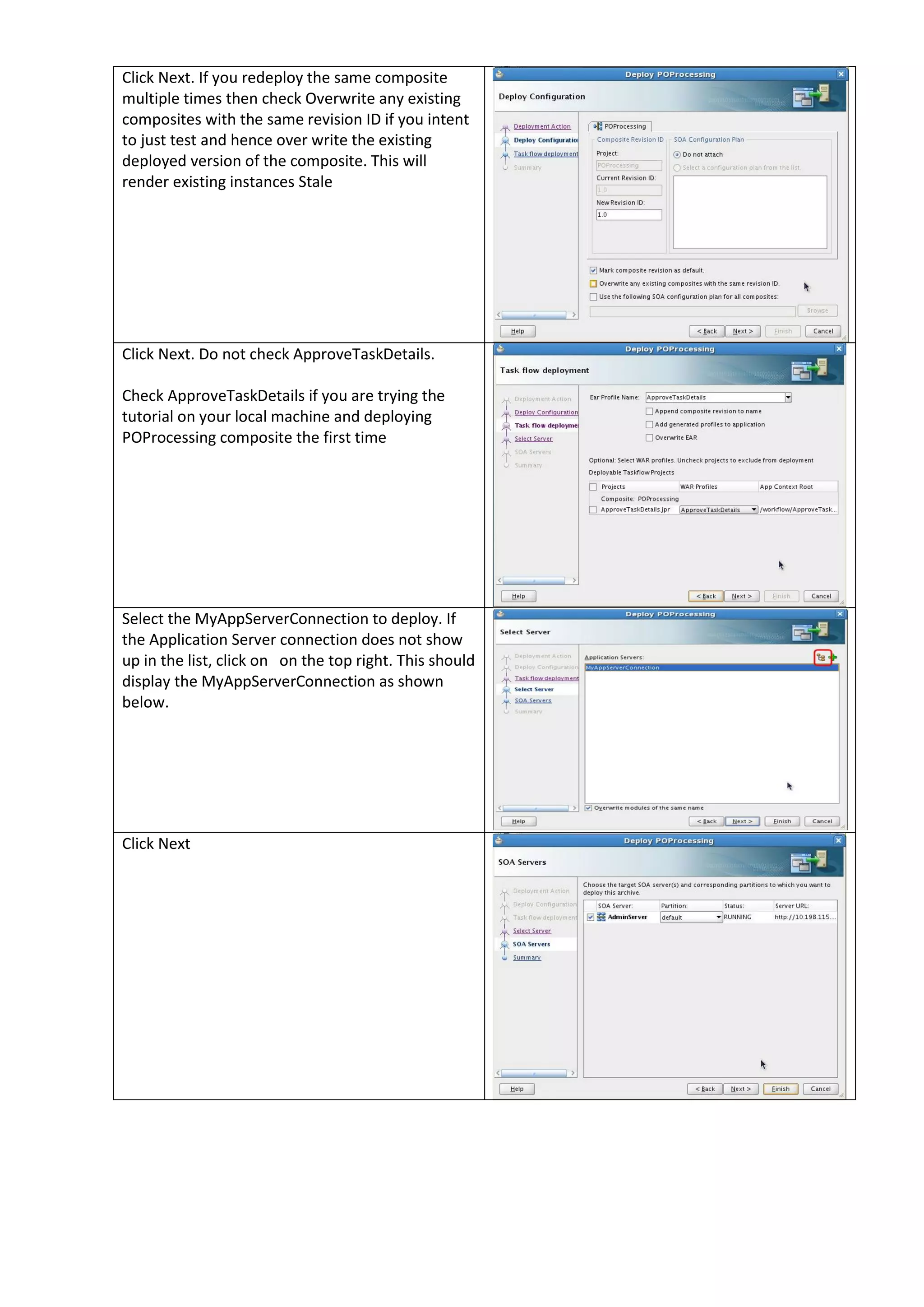 Click Next. If you redeploy the same composite multiple times then check Overwrite any existing composites with the same revision ID if you intent to just test and hence over write the existing deployed version of the composite. This will render existing instances Stale Click Next. Do not check ApproveTaskDetails. Check ApproveTaskDetails if you are trying the tutorial on your local machine and deploying POProcessing composite the first time Select the MyAppServerConnection to deploy. If the Application Server connection does not show up in the list, click on on the top right. This should display the MyAppServerConnection as shown below. Click Next 