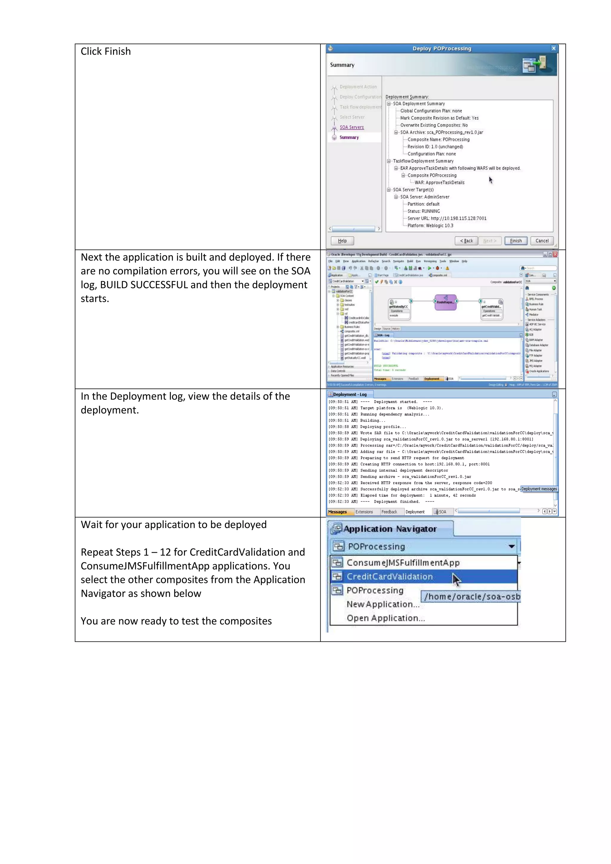 Click Finish Next the application is built and deployed. If there are no compilation errors, you will see on the SOA log, BUILD SUCCESSFUL and then the deployment starts. In the Deployment log, view the details of the deployment. Wait for your application to be deployed Repeat Steps 1 – 12 for CreditCardValidation and ConsumeJMSFulfillmentApp applications. You select the other composites from the Application Navigator as shown below You are now ready to test the composites 