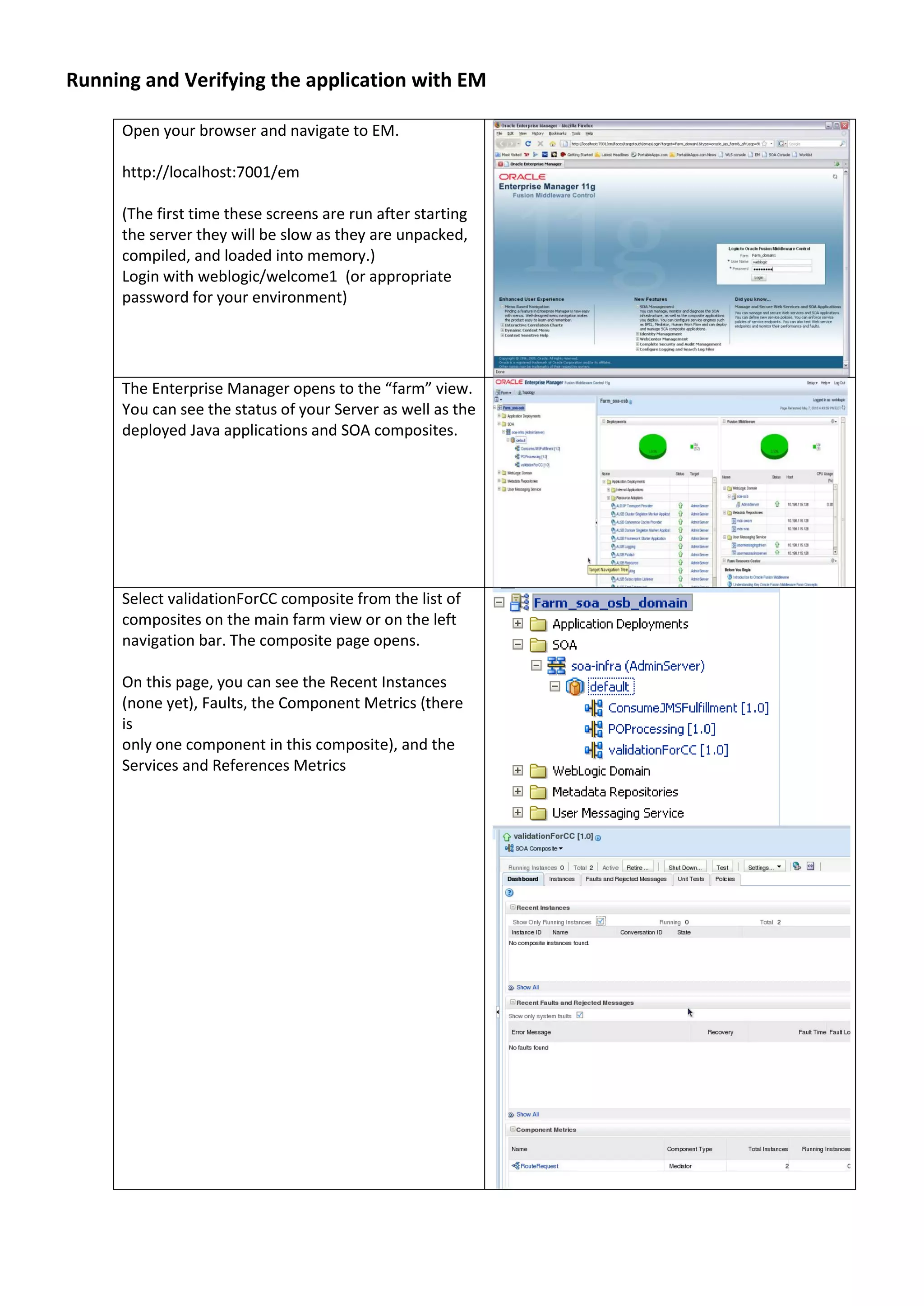 Running and Verifying the application with EM Open your browser and navigate to EM. http://localhost:7001/em (The first time these screens are run after starting the server they will be slow as they are unpacked, compiled, and loaded into memory.) Login with weblogic/welcome1 (or appropriate password for your environment) The Enterprise Manager opens to the “farm” view. You can see the status of your Server as well as the deployed Java applications and SOA composites. Select validationForCC composite from the list of composites on the main farm view or on the left navigation bar. The composite page opens. On this page, you can see the Recent Instances (none yet), Faults, the Component Metrics (there is only one component in this composite), and the Services and References Metrics 