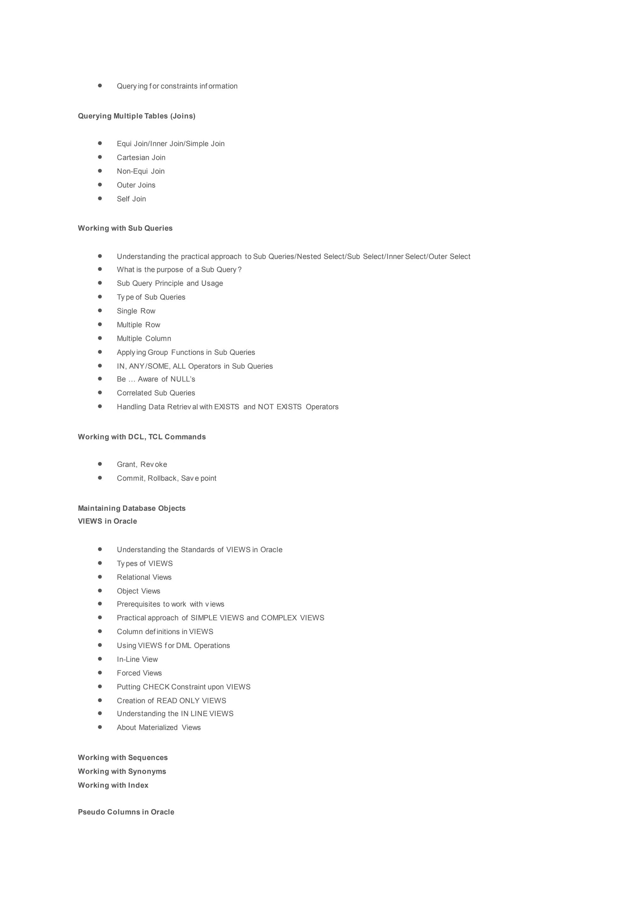 Oracle Course content | PDF