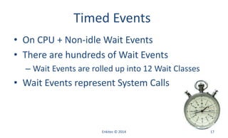 Timed Events
• On CPU + Non-idle Wait Events
• There are hundreds of Wait Events
– Wait Events are rolled up into 12 Wait Classes
• Wait Events represent System Calls
Enkitec © 2014 17
 