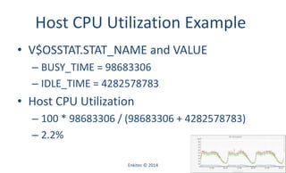 Host CPU Utilization Example
• V$OSSTAT.STAT_NAME and VALUE
– BUSY_TIME = 98683306
– IDLE_TIME = 4282578783
• Host CPU Utilization
– 100 * 98683306 / (98683306 + 4282578783)
– 2.2%
Enkitec © 2014 28
 