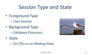 Session Type and State
• Foreground Type
– User Session
• Background Type
– Database Processes
• State
– On CPU or on Waiting State
Enkitec © 2014 41
 