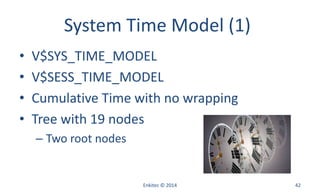 System Time Model (1)
• V$SYS_TIME_MODEL
• V$SESS_TIME_MODEL
• Cumulative Time with no wrapping
• Tree with 19 nodes
– Two root nodes
Enkitec © 2014 42
 