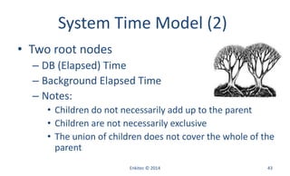 System Time Model (2)
• Two root nodes
– DB (Elapsed) Time
– Background Elapsed Time
– Notes:
• Children do not necessarily add up to the parent
• Children are not necessarily exclusive
• The union of children does not cover the whole of the
parent
Enkitec © 2014 43
 