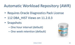 Automatic Workload Repository (AWR)
• Requires Oracle Diagnostics Pack License
• 112 DBA_HIST Views on 11.2.0.3
• Snapshots
– One hour interval (default)
– One week retention (default)
Enkitec © 2014 50
 
