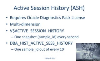 Active Session History (ASH)
• Requires Oracle Diagnostics Pack License
• Multi-dimension
• V$ACTIVE_SESSION_HISTORY
– One snapshot (sample_id) every second
• DBA_HIST_ACTIVE_SESS_HISTORY
– One sample_id out of every 10
Enkitec © 2014 51
 