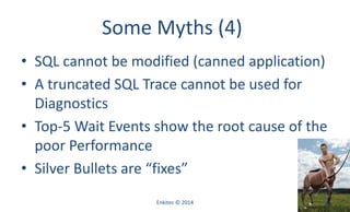Some Myths (4)
• SQL cannot be modified (canned application)
• A truncated SQL Trace cannot be used for
Diagnostics
• Top-5 Wait Events show the root cause of the
poor Performance
• Silver Bullets are “fixes”
Enkitec © 2014 56
 