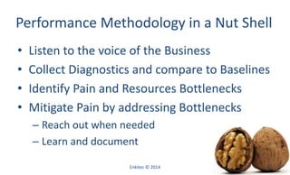 Performance Methodology in a Nut Shell
• Listen to the voice of the Business
• Collect Diagnostics and compare to Baselines
• Identify Pain and Resources Bottlenecks
• Mitigate Pain by addressing Bottlenecks
– Reach out when needed
– Learn and document
Enkitec © 2014 57
 