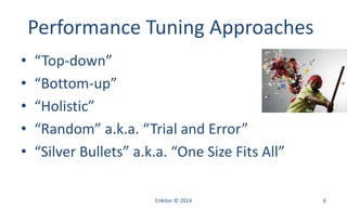 Performance Tuning Approaches
• “Top-down”
• “Bottom-up”
• “Holistic”
• “Random” a.k.a. “Trial and Error”
• “Silver Bullets” a.k.a. “One Size Fits All”
Enkitec © 2014 6
 