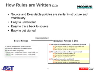 10
How Rules are Written (2/2)
• Source and Executable policies are similar in structure and
vocabulary
• Easy to understand
• Easy to trace back to source
• Easy to get started
 