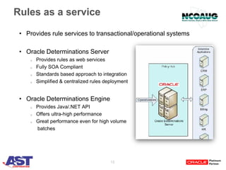 15
Rules as a service
• Provides rule services to transactional/operational systems
• Oracle Determinations Server
o Provides rules as web services
o Fully SOA Compliant
o Standards based approach to integration
o Simplified & centralized rules deployment
• Oracle Determinations Engine
o Provides Java/.NET API
o Offers ultra-high performance
o Great performance even for high volume
batches
 