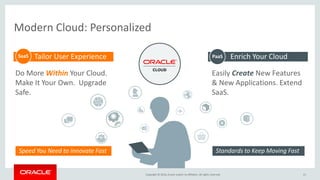 Copyright © 2016, Oracle and/or its affiliates. All rights reserved. 21
Modern Cloud: Personalized
Do More Within Your Cloud.
Make It Your Own. Upgrade
Safe.
Easily Create New Features
& New Applications. Extend
SaaS.
Enrich Your CloudPaaSTailor User ExperienceSaaS
Speed You Need to Innovate Fast Standards to Keep Moving Fast
 