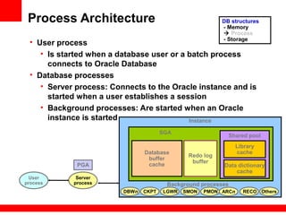 Process Architecture
• User process
• Is started when a database user or a batch process
connects to Oracle Database
• Database processes
• Server process: Connects to the Oracle instance and is
started when a user establishes a session
• Background processes: Are started when an Oracle
instance is started
DB structures
- Memory
 Process
- Storage
PMONSMON Others
Instance
RECOARCnDBWn LGWRCKPT
PGA
User
process
Server
process Background processes
Database
buffer
cache
Shared pool
Data dictionary
cache
Library
cache
SGA
Redo log
buffer
 