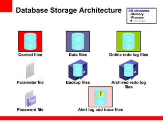 Database Storage Architecture
Online redo log files
Password file
Parameter file Archived redo log
files
Control files Data files
Alert log and trace files
Backup files
DB structures
- Memory
- Process
 Storage
 