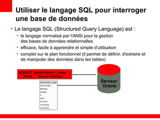 Utiliser le langage SQL pour interroger
une base de données
• Le langage SQL (Structured Query Language) est :
• le langage normalisé par l'ANSI pour la gestion
des bases de données relationnelles
• efficace, facile à apprendre et simple d'utilisation
• complet sur le plan fonctionnel (il permet de définir, d'extraire et
de manipuler des données dans les tables)
SELECT department_name
FROM departments;
Serveur
Oracle
 